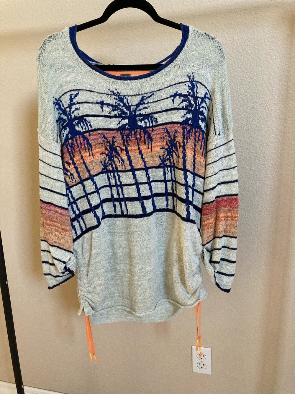 Free People Light Blue Palm-Print Pullover with Blue and Orange Accents